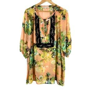 DANIEL RAINN‎ Floral Peach Peasant Sheer Tunic Blouse Womans Plus 1X Boho